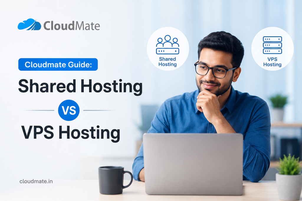 Professional comparing Shared Hosting and VPS Hosting on a laptop with CloudMate branding in a modern office environment.